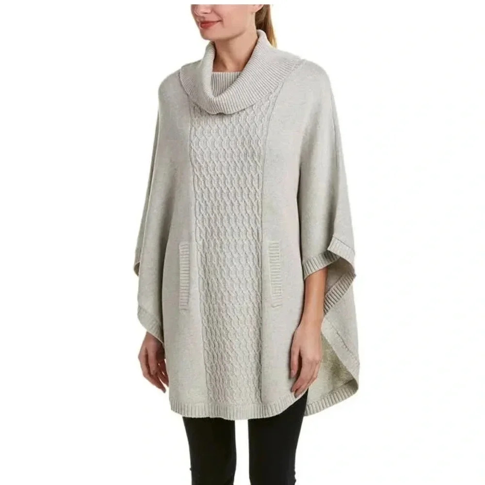 CAbi cotton Cowl Neck Poncho Cableknit Sweater Glacier Gray 3003 Size Small